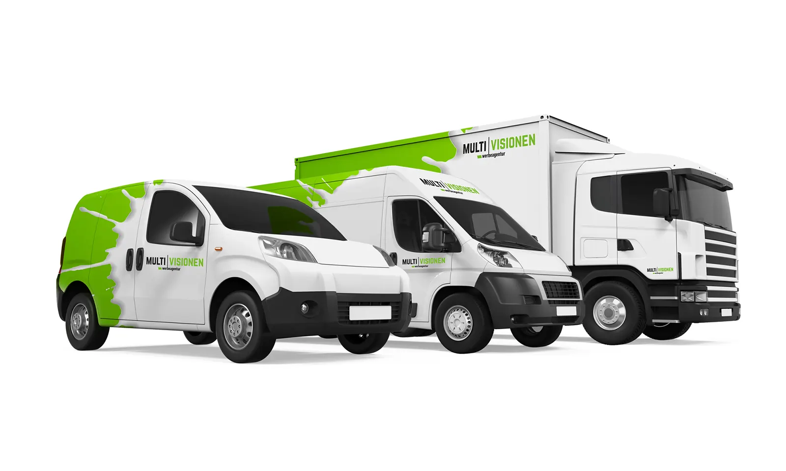 Transporter, Kastenwagen und LKW mit gr&uuml;n-wei&szlig;er Fahrzeugbeschriftung von Multivisionen Werbetechnik
