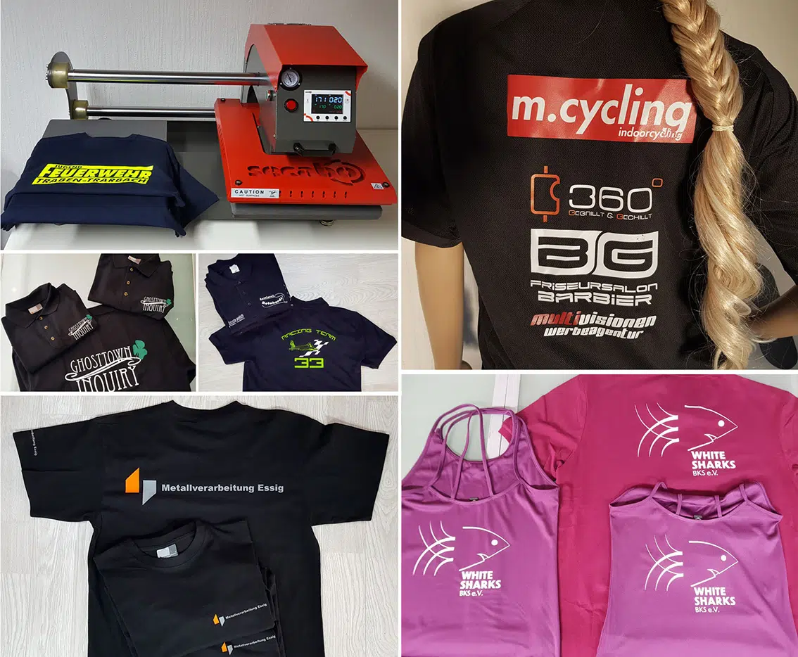 Collage mit Beispielen aus dem Textildruck: Transferpresse, Vereinsshirts und Sportbekleidung